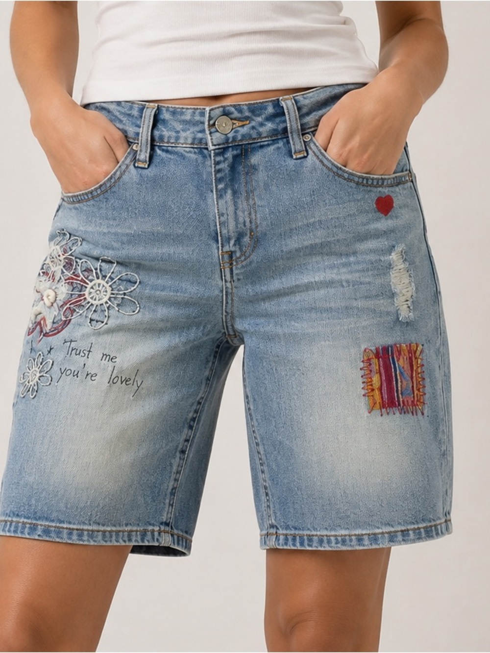DESIGUAL Womens Graphic Denim Shorts Size 28 Embroidery Y2K